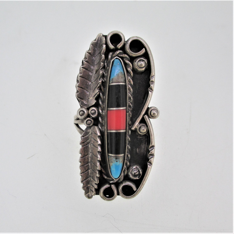 Sterling Silver Swirls Feather Turquoise Onyx Coral Inlay Ring Size 6