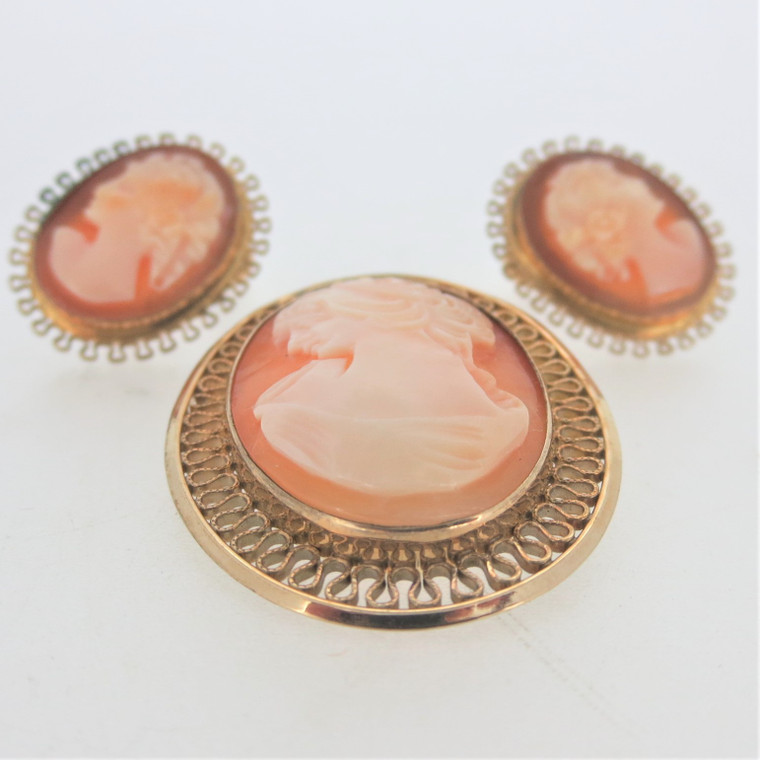 14K Gold Filled Ruffle Trimmed Cameo Brooch with 12K GF Screw Back Earrings