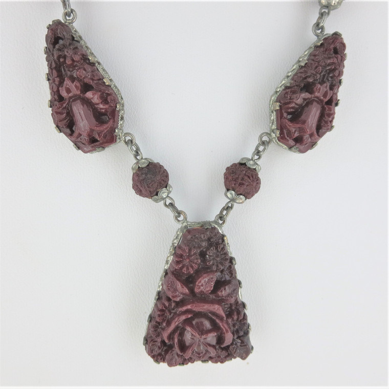 Czech Red Cinnabar In Colored Floral Carved Silver Toned Filigree Vintage Necklace