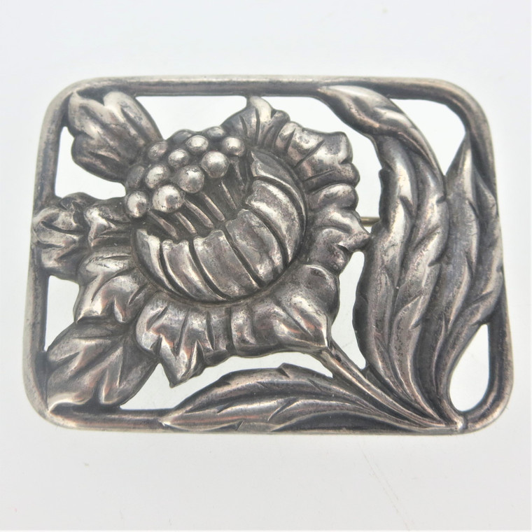 Vintage Sterling Silver Ornate Flower and Leaves Brooch Pin