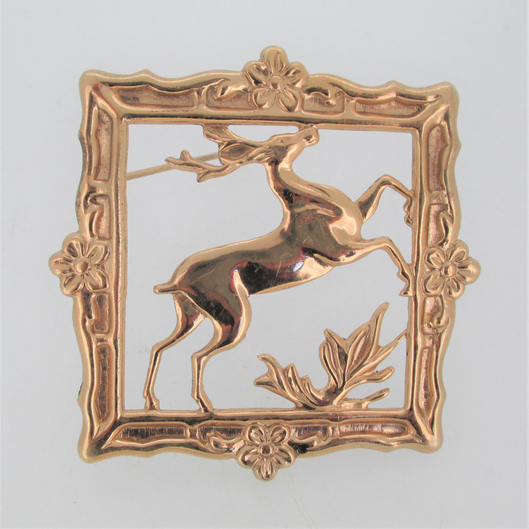 12k Gold Filled Christmas Jumping Deer in Ornate Frame Pin Brooch