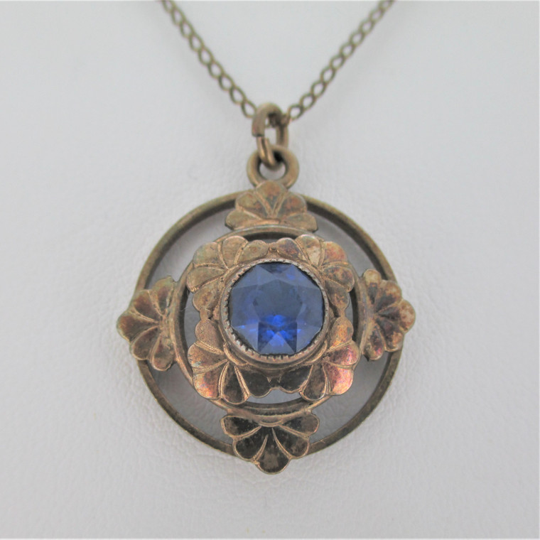 Simmons Gold Tone Art Deco Blue Stone Pendant 12K Gold Filled Necklace