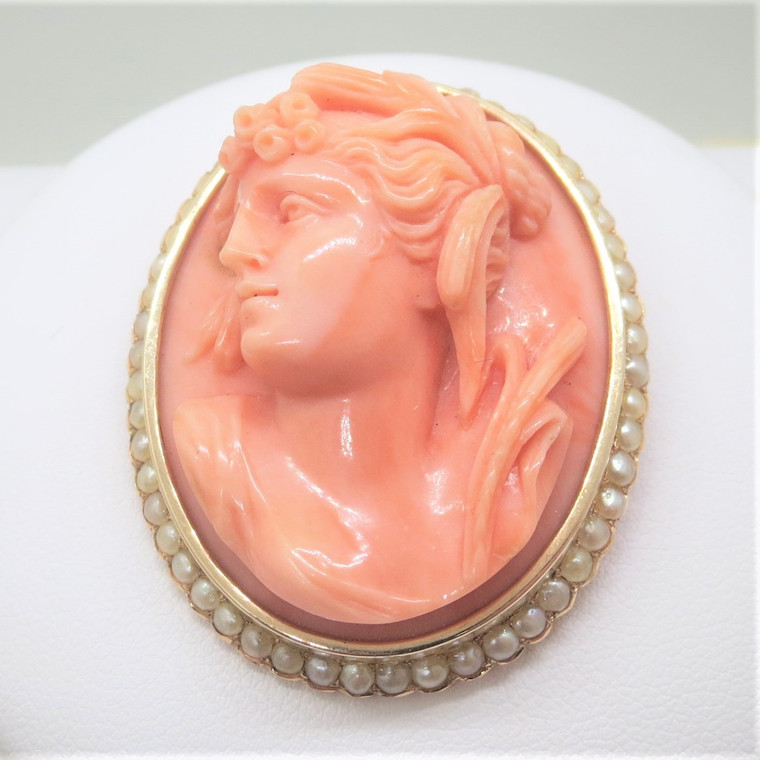 Antique Vintage 14k Y Gold Carved Pink Coral & Seed Pearls Cameo Brooch Pendant