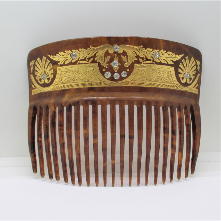 Vintage Brown Celluloid 22K Gold Inlay Rhinestone Large Hair Comb