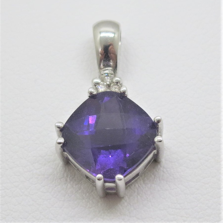 14k White Gold EMA Signed Checkerboard Cut Amethyst with Diamond Accents Pendant