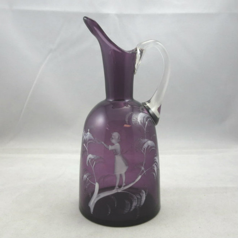 Vintage Purple Glass Clear Handle Cruet Pitcher White Enamel Mary Gregory Style