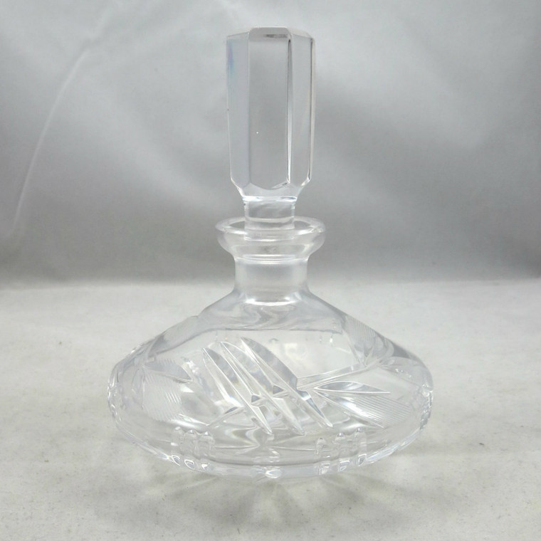 Modern Large Lead Crystal Wide Round Shallow Perfume Bottle w Cut Pattern Empty