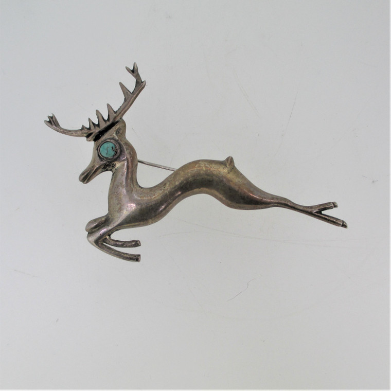 Sterling Silver Mexico Jumping Reindeer Stag Turquoise Eye Pin Brooch