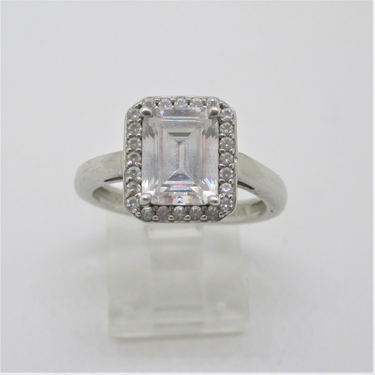 Kiera Sterling Silver Rectangle CZ with Halo Ring Size 8