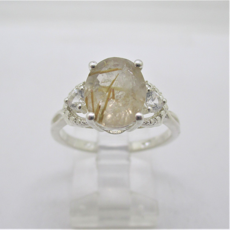 Chuck Clemency Sterling Silver Oval Rutilated Quartz with CZ Ring Size 9