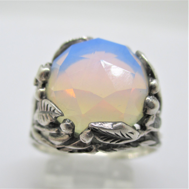 Sterling Silver Round Faceted Iridescent Vines & Leaf Design Ring Size 9.0