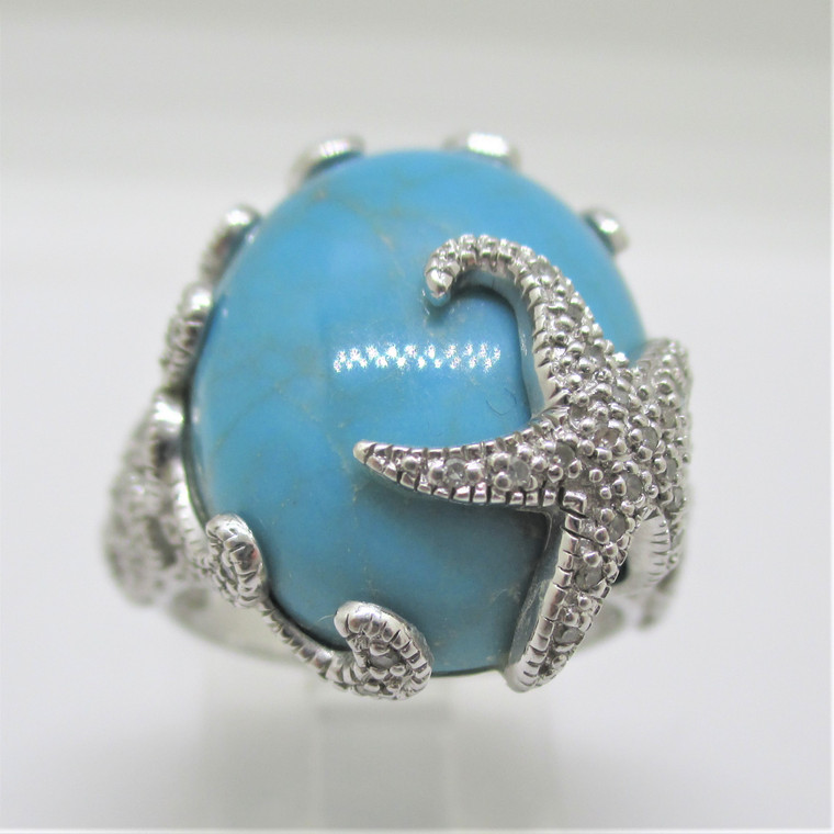 Sterling Silver Faux Turquoise Diamond Starfish Design Ring Size 7