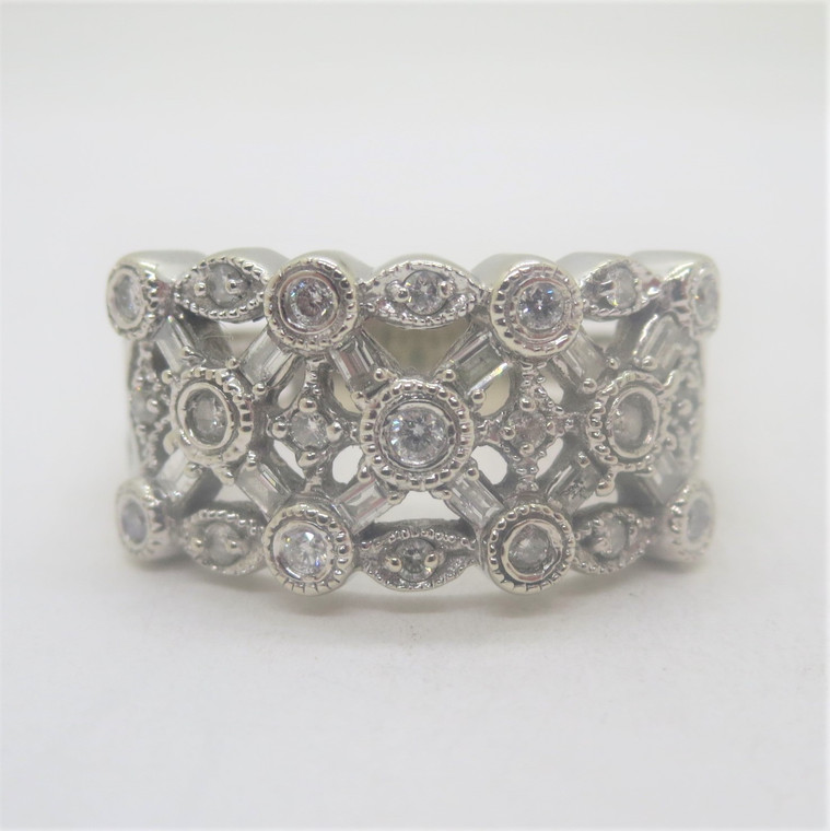 14k White Gold Effy Baguette & Round Diamonds Cutout Design Wide Band Ring Sz 6