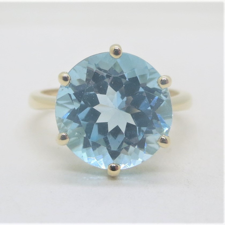 14k Yellow Gold KN Signed Large Blue Topaz Solitaire Fashion Ring Size 8