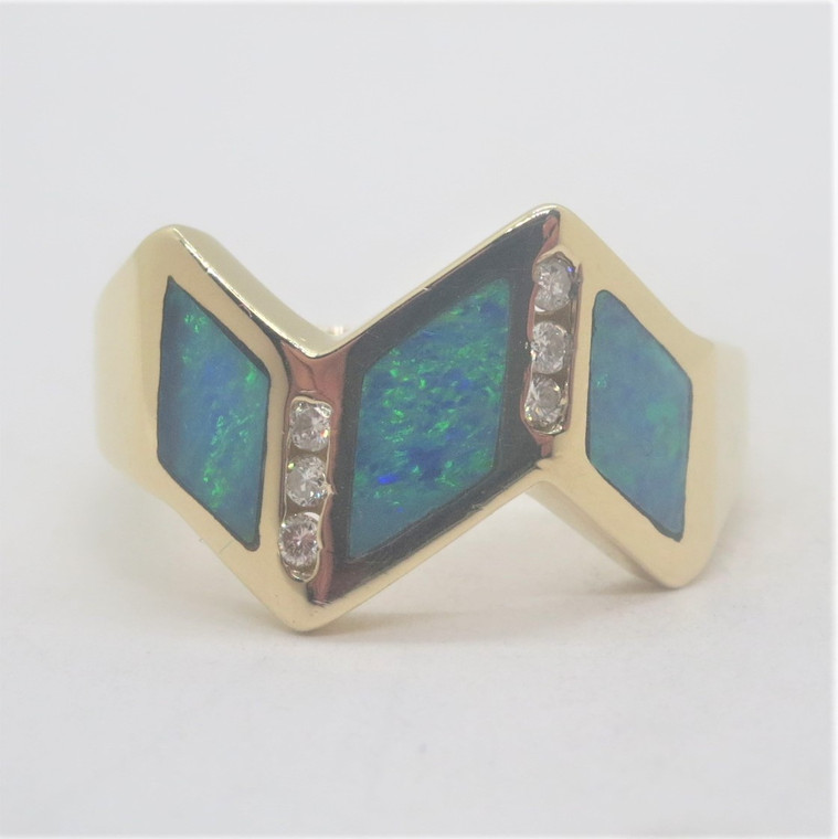 14k Yellow Gold Mod Zigzag Design Opal Inlay Ring with 6 Diamond Accents Size 8