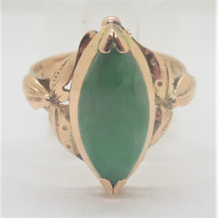 18k Yellow Gold Marquise Cut Green Jade Fashion Ring Size 5 1/4