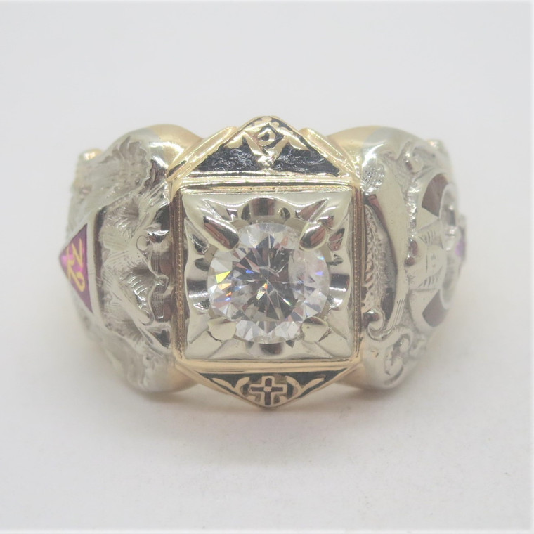 10k 2-Tone Gold Approx .85ct Diamond Freemasons Masonic Men's Ring Size 8 3/4