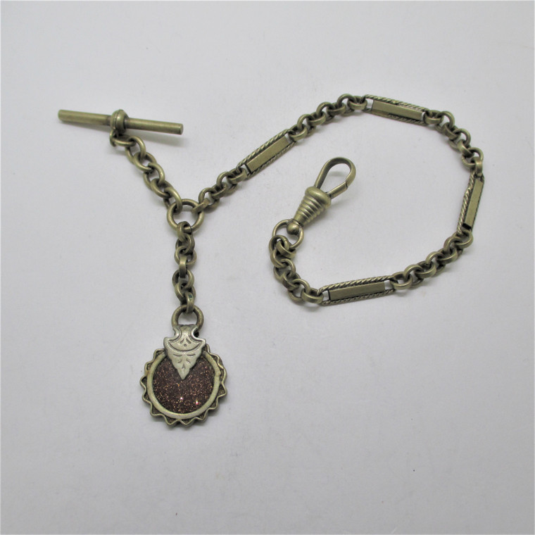 Antique Worn Gold Tone Metal Pocket Watch Chain with Gold-Stone Fob
