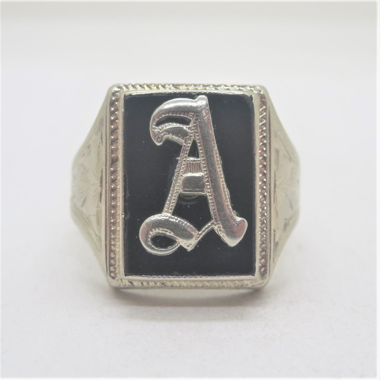 Vintage 14k White Gold Black Onyx Men's Mono Initial A Signet Pinky Ring Sz 8.25