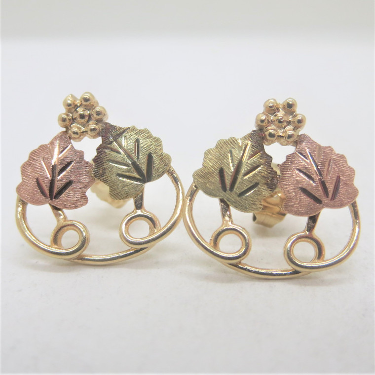 10k Yellow & Black Hills Gold JF Signed Leaves Grapes Swirl Design Earrings
