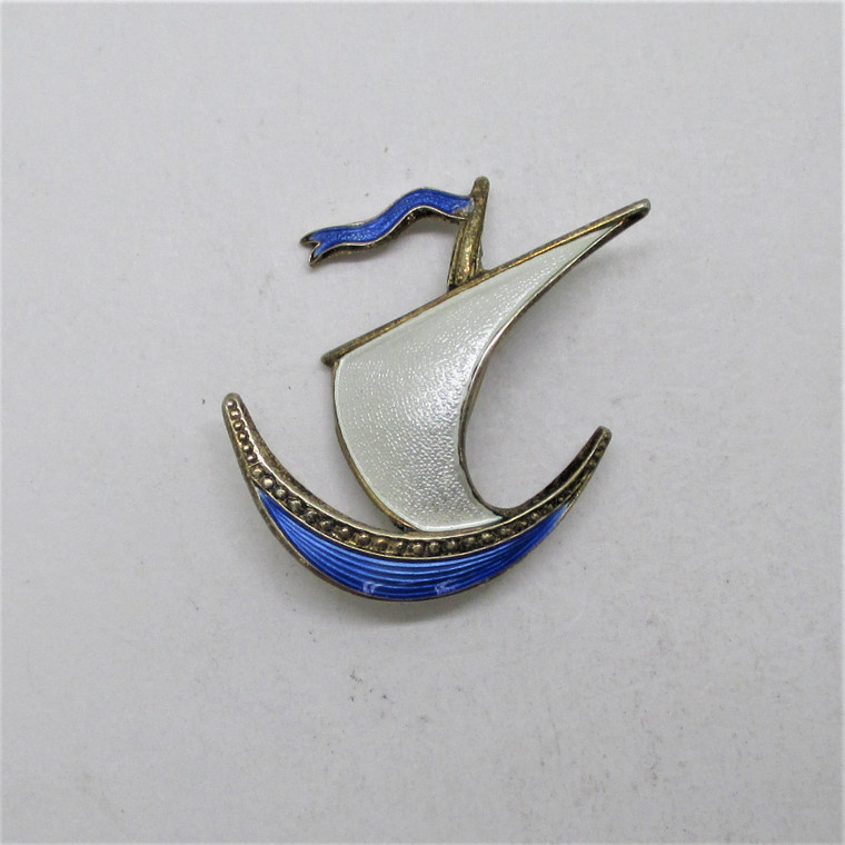 Ivar T Holth Norway Sterling Silver Enamel Guilloche Sailboat Pin