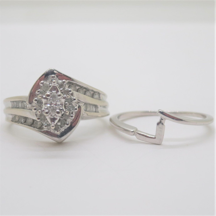 10k White Gold Approx 1/5ctTW Engagement Ring & Shadow Band Bridal Set Size 5.25