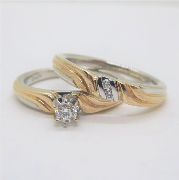 Camelot 14k 2-Tone Gold .15ct Diamond Solitaire Engagement Ring & Wedding Band Set Sz 7