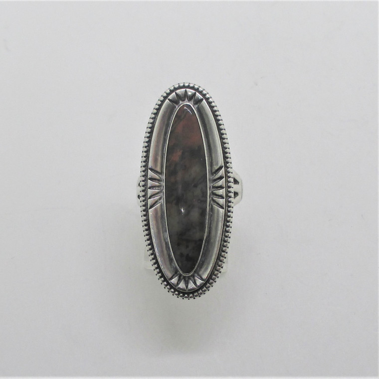 Sterling Silver Oblong Stamp Work Grey and Orange Oval Cabochon Stone Ring