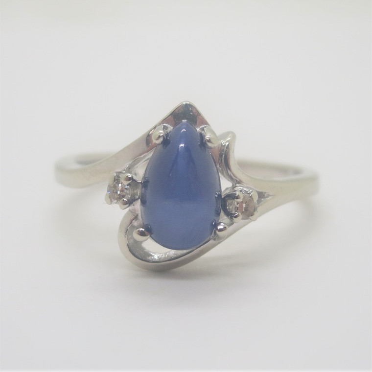 14k White Gold Pear Cut Blue Star Sapphire w Diamond Accents Fashion Ring Sz 6.5