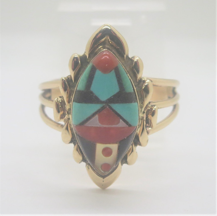 14k Yellow Gold Wayne Quam Zuni Native American Multi Stone Inlay Ring Size 6.75