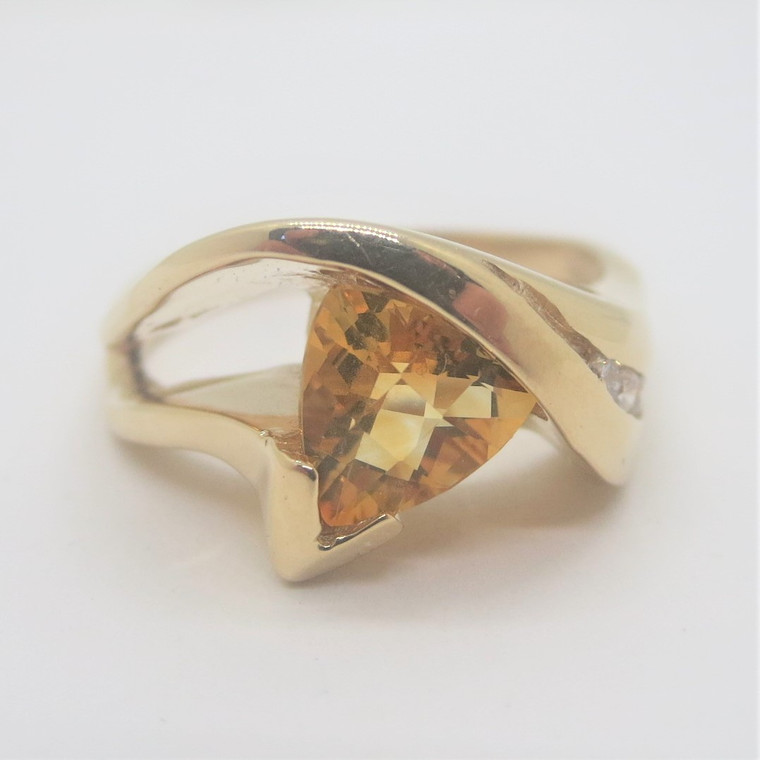 14k Y Gold Ringcraft Checkerboard Trillion Cut Citrine Diamond Accents Ring Sz 8