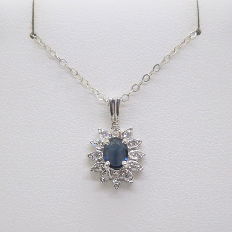 14k White Gold Oval Sapphire & Diamonds Pendant on 19" Speidel Necklace Chain