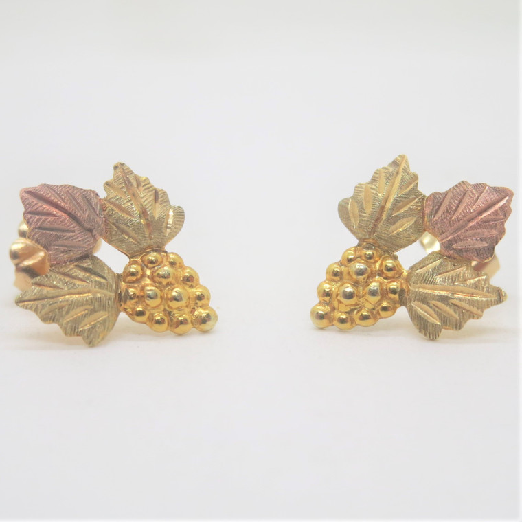 10k Yellow & Black Hills Gold 3 Leaves Grape Cluster Stud Earrings