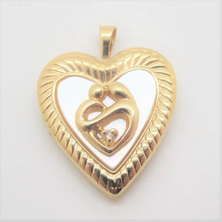 10k Yellow Gold Princess Pride Creations MOP & Diamond Mother Child Heart Locket