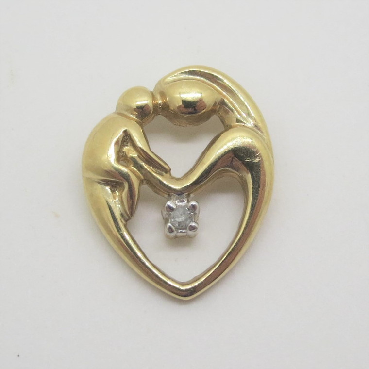 10k Yellow Gold JS Signed Mother & Child Heart Pendant with Diamond Accent