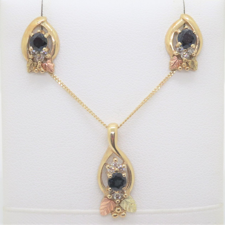 10k Yellow & Black Hills Gold Coleman Sapphire Diamonds Necklace and Earring Set