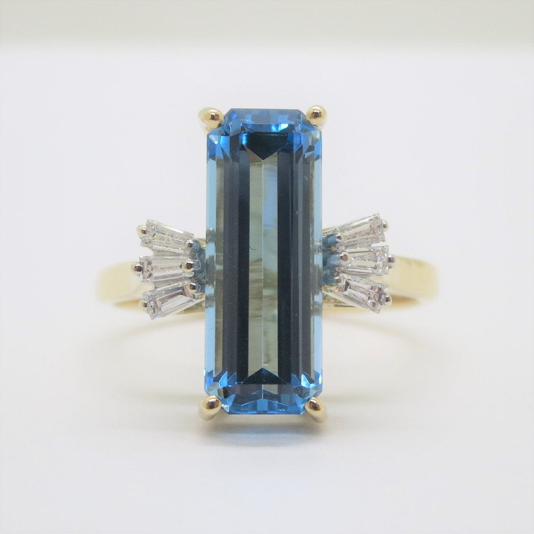 14k Y Gold CID Emerald Cut Blue Topaz with Diamond Accents Cocktail Ring Sz 8.75