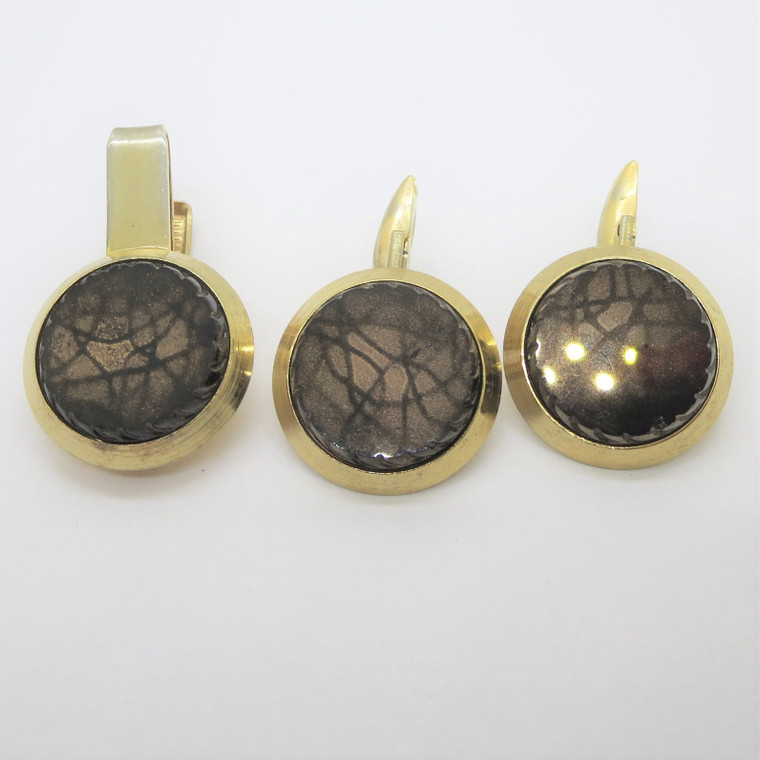 Gold Tone Sarah Coventry Brown Glass Stone Cufflinks and Tie Clip Set