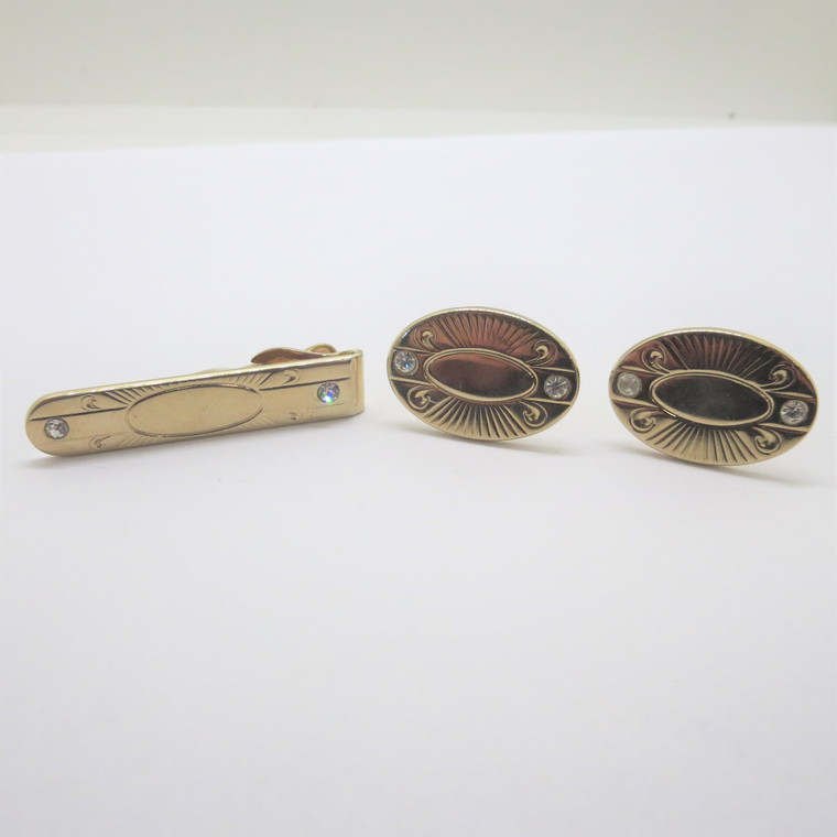 Swank Vintage Gold Tone Oval Cufflinks and Tie Clip Set with Rhinestone Accents