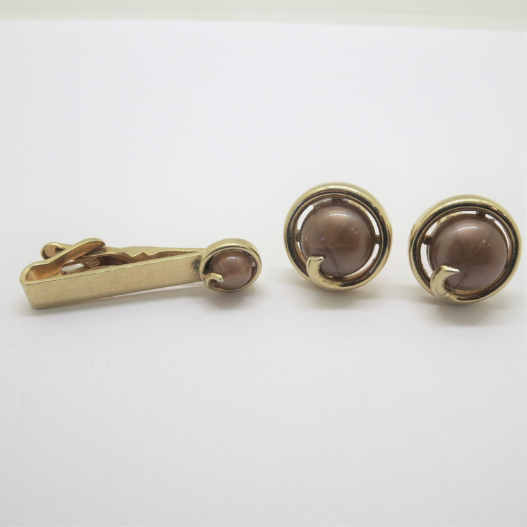 Swank Vintage Gold Tone Cufflinks and Tie Clip Set with Round Brown Stone