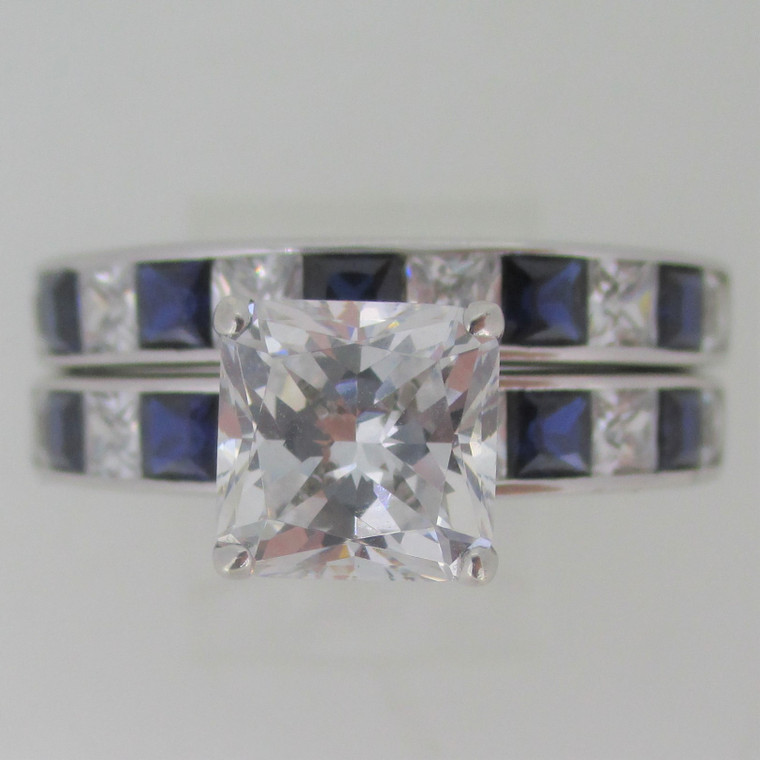 CZ Princess Cut with Created Sapphire Sterling Silver Ring and Band Size 12.25