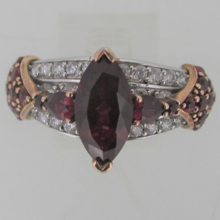 Marquise Red Stones Arranged Over 4 Rows of CZ Sterling Silver Ring Size 11.75