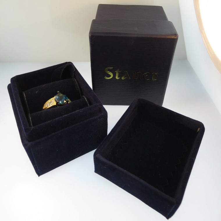 Sterling Gold Plated London Blue Topaz Dark Blue Green Stone Sz 7 Ring by Stauer in Box