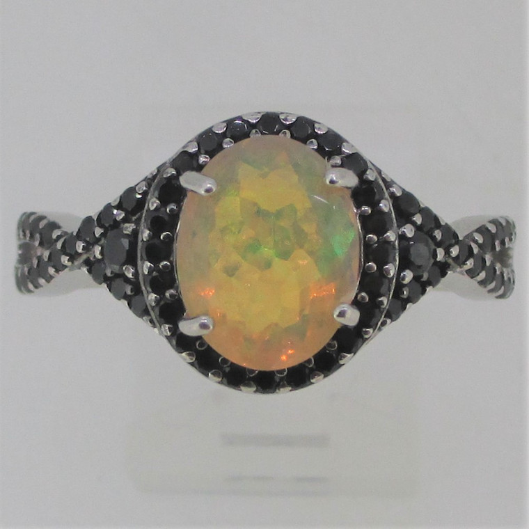 Oval Synthetic Opal and Black Spinel Border Sterling Silver Ring Size 11