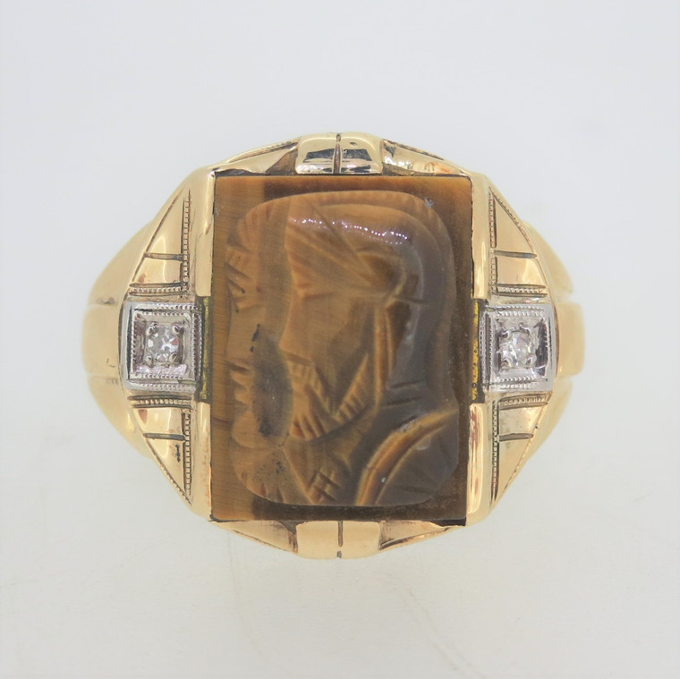 10k Yellow Gold Men's Carved Tiger's Eye Soldier Profiles Signet Ring Sz 12 3/4