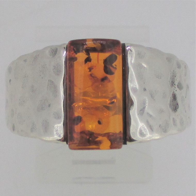 Rectangle Cabochon Amber Hammered Sterling Silver Ring Size 12.25