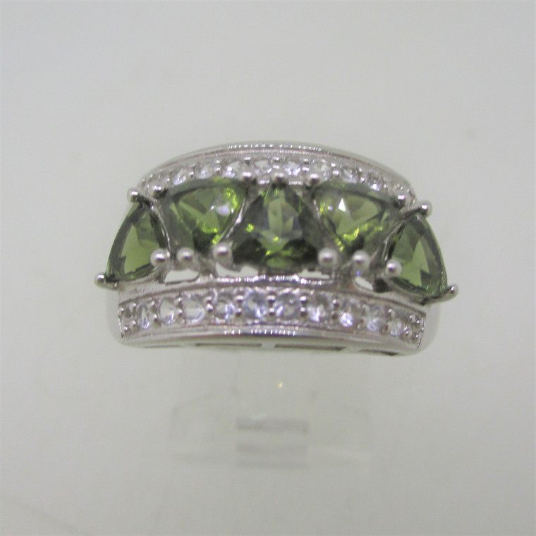 Sterling Silver Ring with Tourmaline Tringle Cut Stones and Clear CZ Size 10 
