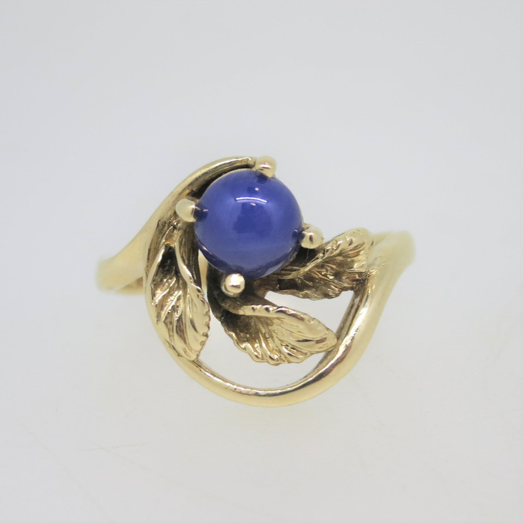 14k Yellow Gold JTC Signed Blue Star Sapphire & 3 Leaves Design Ring Size 7 1/2