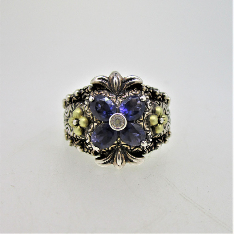 Barbara Bixby Sterling Silver 18K Gold Flower Accents Amethyst Floral Ring Size 6