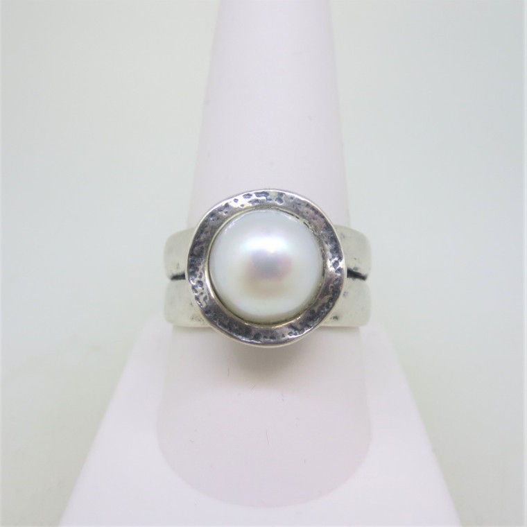Sterling Silver Didae Israel Ring with Pearl and Double Hammered Rings Size 10
